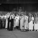 The chairing ceremony at the 1958 Ebbw Vale National Eisteddfod of Wales, won by T. Llew Jones, also featuring Erfyl Fychan, William Morris, Cynan, Crwys and Trefin.